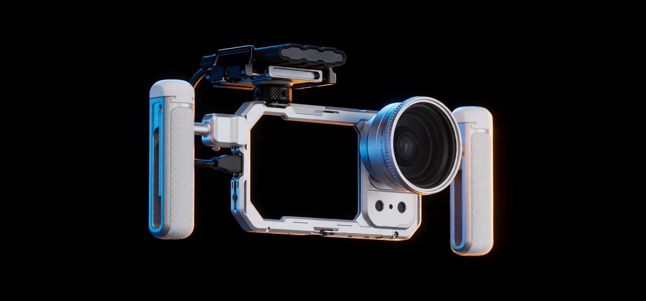 Professional mobile camera cage with two handles and a cinematic lens